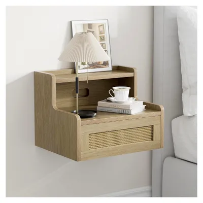 Produktbild von Hängender Nachttisch 2er Set, Moderner schwebender Nachttisch mit Rattan-Schublade, Wandmontage Regal für Schlafzimmer und Wohnzimmer, Naturholzfarbe