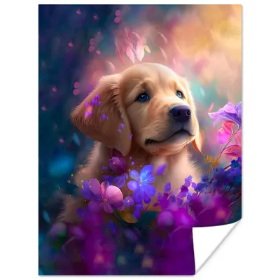 Produktbild von MuchoWow® Poster Hund - Welpe - Sonne - Blumen - Golden Retriever 30x40 cm - Wandplakat - Poster Kinderzimmer