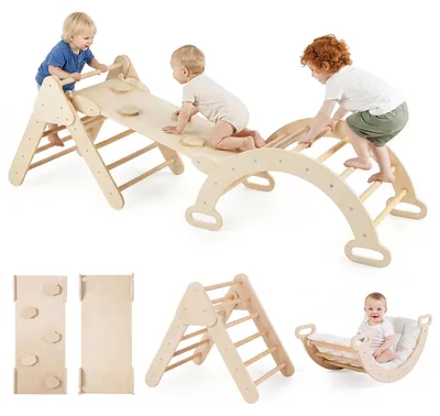 Productafbeelding van COSTWAY 3-in-1 Montessori Klimset, klimrekset met klimdriehoek, klimboog, helling en afneembaar kussen, binnenspeelgoed voor kinderen vanaf 1 jaar