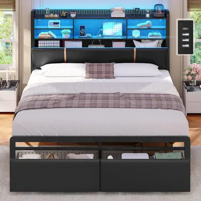 Produktbild von KIMENICH Polsterbett 140x200 cm mit LED-Beleuchtung und 2 Schubladen, Regalkopfteil mit Stauraum, Ohne Matratze, PolyurethanSchwarz