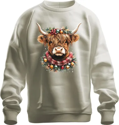 Produktbild von Highland Kuh Weihnachtskranz Christbaumkugeln Schal Retro Uni Sweatshirt Pullover, Natur, S