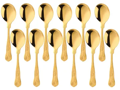 12 runde Bouillonlöffel, Edelstahl, gold, spiegelpoliert