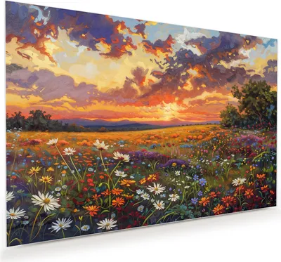 Produktbild von Glasbild 75x50cm in XXL für Wohnzimmer, Schlafzimmer Motiv Blumenwiese Sonnenuntergang