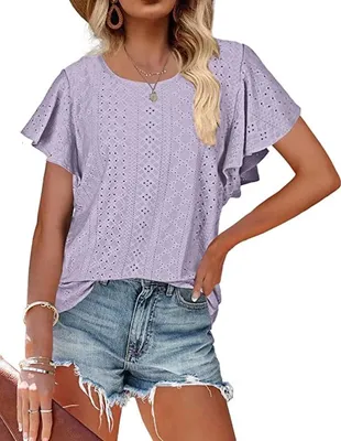 Produktbild von ASKSA Damen T-Shirt Rüschenärmel Bluse Aushöhlen Tops Casual Rundhals Loose Shirts, Violett, XXL