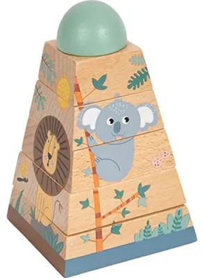 Productafbeelding van Houten safari-thema ontwikkelingsspeelgoed voor kinderen vanaf 12 maanden. Stapelspel met dierenmotieven. Artikelnummer: 12320. Stapeltoren