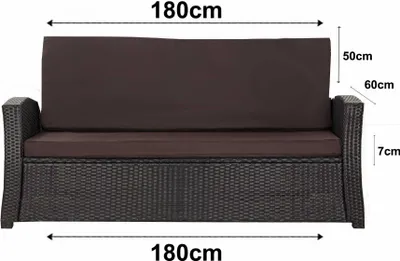 A brown outdoor sofa cushion set with dimensions indicated.