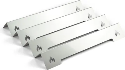 Four stainless steel grill burner covers arranged diagonally on a white background.
