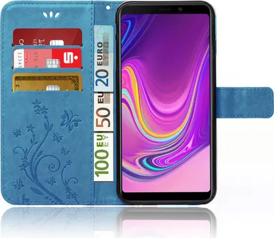 Produktbild von Handy Tasche für Samsung Galaxy A40 Schutz Hülle Handyhülle mit Blumenmuster Klapp Hülle mit Standfunktion und Kartenfächer Farbe: Blau