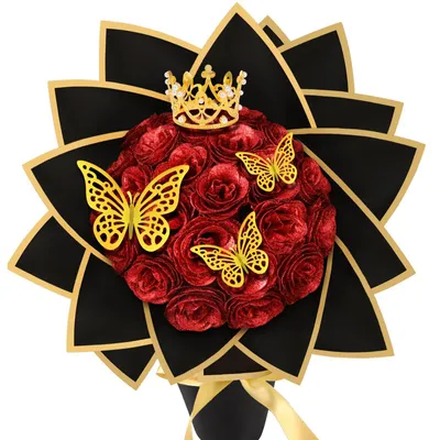 Image de Bouquet de 24 roses pailletées, bouquets de roses artificielles à composer soi-même avec des roses rouges pailletées, une couronne et des papillons en 3D, bouquet artificiel à offrir en cadeau, pour la Saint-Valentin, les mariages, la fête des Mères et les anniversaires.