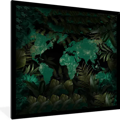 Produktbild von MuchoWow® MuchoWow® Gerahmtes Poster Weltkarte - Grün - Pflanzen 40x40 cm - Poster mit zchwarzem Bilderrahmen - Mit Rahmen - Wanddekoration Schlafzimmer