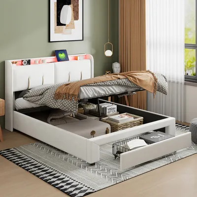 Produktbild von CDGlobal Polsterbett 160x200cm mit USB, Jugendbett Doppelbett mit Lattenrost und Stauraum, Stauraumbett mit LED, Samt, Beige