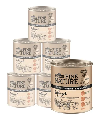 Produktbild von Dehner Fine Nature Hundefutter, Nassfutter in Lebensmittelqualität, für Welpen und junge Hunde, Geflügel, 6 x 800 g Dose (4.8 kg)