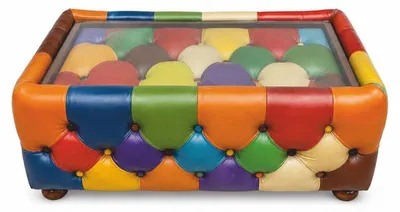Produktbild von Casa Padrino Luxus Chesterfield Patchwork Echtleder Couchtisch mit Glasplatte Bunt / Dunkelbraun 120 cm - Patchwork Wohnzimmer Leder Möbel