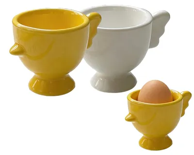 Eierbecher-Set aus Keramik, 2 Stück, lustige Designs, gelb/weiß