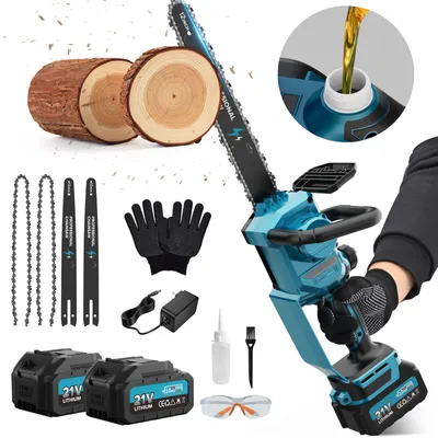 A collection of items for a mini chainsaw kit, including the chainsaw, batteries, chains, guide bars, gloves, charger, oil bottle, brush, and safety glasses, arranged on a white background with wood logs and sawdust.
