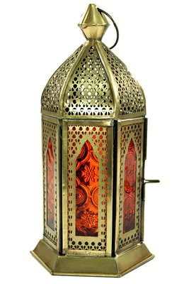 Produktbild von Orientalische Metall/Glas Laterne in Marrokanischem Design, Windlicht, Mehrfarbig, Glas,Metall,Eisen, Farbe: Orange, 21*9,5*9,5 cm