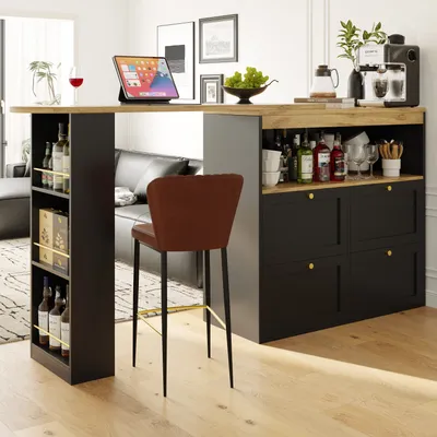 A modern dining bar with a stool in a living room setting.