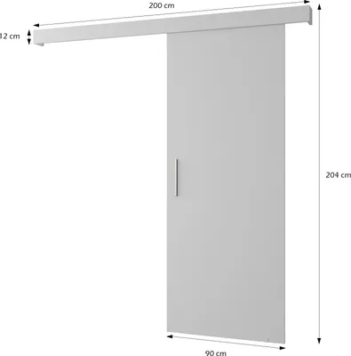 A white sliding door with a handle, shown with dimensions indicated by measurement lines and text.