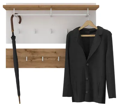 Produktbild von Wandgarderobe BILBAO 2-teilig, Wotan Eiche / Weiß, bietet neun Kleiderhaken, eine Kleiderstange und eine Hutablage. Weitere Features: Garderobenpaneel, Flurgarderobe, Garderobenset