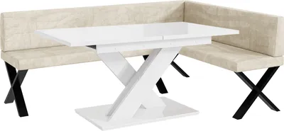 Produktbild von MEBLINI Eckbank für Esszimmer mit ausziehbarem Tisch  - Küchenbank - Essecke - Sitzecke Küche - TONI - X-Beine 142x196x87cm Rechts - Creme Samt/B Weiß Hochgl.