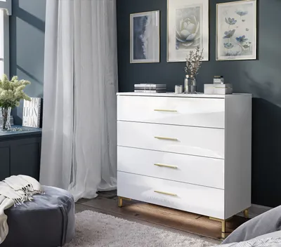 Produktbild von Kommode LINA goldene Griffe und Beine mit LED Weiß / Weiß hochglanz