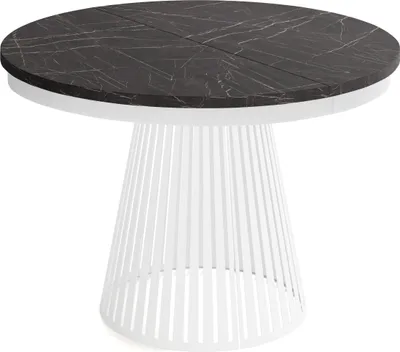 Produktbild von Esstisch Rund Ausziehbar mit Lamellen im Loft-Stil – 120 bis 200 cm – Industrieller Tisch mit Weißen Metallbeinen, Platzsparend für Wohnzimmer oder Esszimmer – Marmor Schwarz