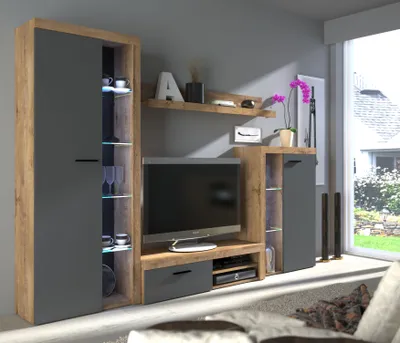 Produktbild von Wohnwand Schrankwand RUMBA TV-Schrank Wandregal 2xVitrine Wohnzimmer Anbauwand Graphit/Lefkas