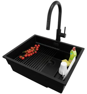 Produktbild von PRIMAGRAN Unterbauspüle Granit Alles Schwarz 56x47cm, Spülbecken 1 Becken + Ablauf-Set + Küchenzubehörset, Granitspüle ab 60er Unterschrank - Praga