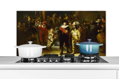 Produktbild von KitchenYeah®  Spritzschutz Küche - Küchenrückwand - Wandschutz für Herd und Spüle - Die Nachtwache - Rembrandt van Rijn 100x50 - Alu-Dibond (Alternative zum Spritzschutz aus Glas) - Hitzebeständig - H