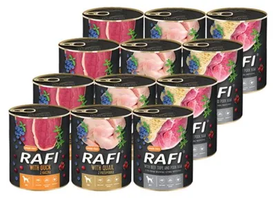 Produktbild von Rafi Nassfutter für ausgewachsene Hunde 3 Sorten Dosen-Set 12 x 400 g