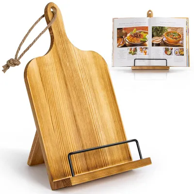 Produktbild von Kochbuchhalter Holz, Buchständer Küche, Buchhalter Wand, iPad Tablet Ständer, Einstellbares Schneidebrett Style, Vintage Deko,8.9*16.4inch, Braun