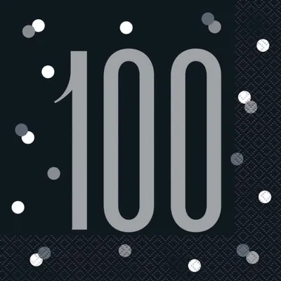 A graphic design featuring the number 100 in large gray font on a black background, with scattered white and gray dots resembling confetti.