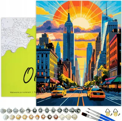 Immagine prodotto di Pittura per numeri Adulti City of New York Sunrise 50x40 - 31 colori acrilici, tela con telaio in legno, 3 pennelli e accessori Oh Art!