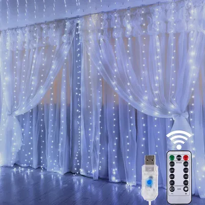 Produktbild von LED Lichtervorhang 3x3m Weiß 8 Lichtmodi USB Lichterkette Party Garten Weihnachten Hochzeit Deko