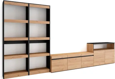 Produktbild von Wohnwand Wohnzimmer, 370x35x186cm, Für TV-Geräte bis zu 65", Wohnzimmer Möbel, Eiche und Schwarz