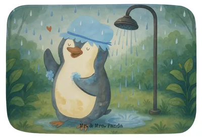 Produktbild von Mr. & Mrs. Panda Badteppich Pinguin Duschen Design - Weiß - Geschenk, Badezimmerteppich, Bad Fußmatte, Dusche, badezimmermatte, Baden, Pinguine, Badematte, Duschkonzert