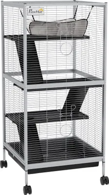 Produktbild von PawHut 4-stöckiger Kleintierkäfig, Nagetierkäfig mit Rädern, 2 Türen, 3 Rampen, hängende Hängematte und abnehmbares Tablett für Chinchillas, 52 x 52 x 113,5 cm, Weiß