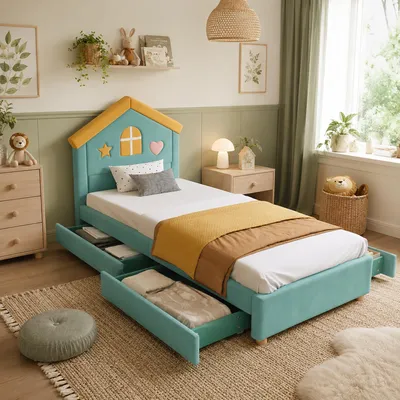 Productafbeelding van STILVORA kinderbed 90x200 cm met 4 lades, huisbed met opbergruimte en hoofdeinde, gestoffeerd bed met fluweel, blauwgroen