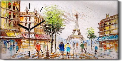 Produktbild von Dekor Leinwand Uhr Wandbilder Quarz 60x30 Paris Eiffel Menschen Gebäude Stadt - schwarze Hände