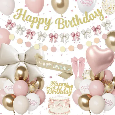 Productafbeelding van Verjaardagsdecoratieset in roze goud: lint, "Happy Birthday" slingers, ballonnen, lint, taartdecoratie