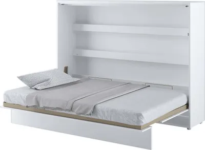A white wall bed is shown with the bed pulled out and made up with bedding and a pillow.