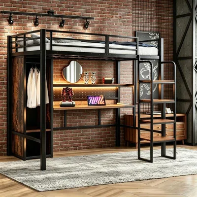 Obrázok produktu pre Vysoká posteľ 90x200 cm z kovu a MDF s integrovaným písacím stolom, zásuvkovou doskou, šatníkom, policami a viacfarebným LED osvetlením v čiernej farbe