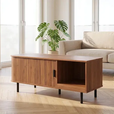 Produktbild von Couchtisch Wohnzimmertisch Sofatisch mit Schiebetür & Stauraum, rechteckig in Lamellenoptik, Nussbaum 110 cm