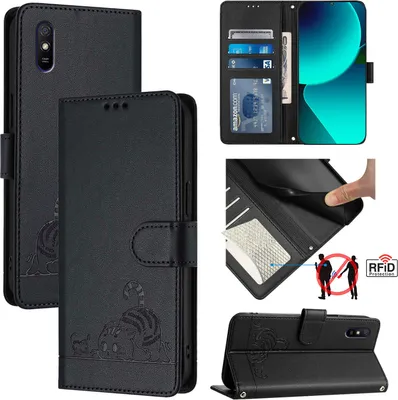 Produktbild von Leder Hülle für Xiaomi Redmi 9A Süße Katze Flip Case Brieftasche Schutzhülle mit Standfunktion Schwarz