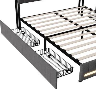Obrázek produktu pro CDGlobal čalouněná postel 140x200cm s USB, Type-C a LED, úložné lůžko pro mládež se 4 zásuvkami, manželská postel s lamelovým roštem, funkční postel, povlečení, šedá barva
