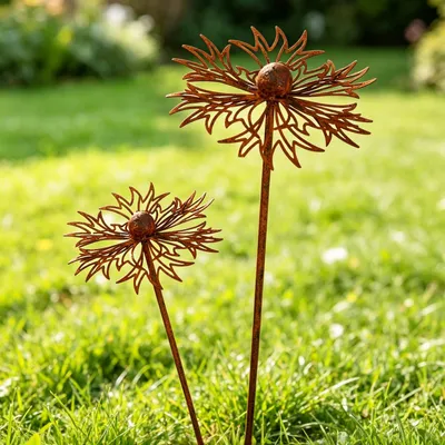 Gartendeko-Set, 2 Stück, Metall, Gänseblümchen, rostig, 60 cm
