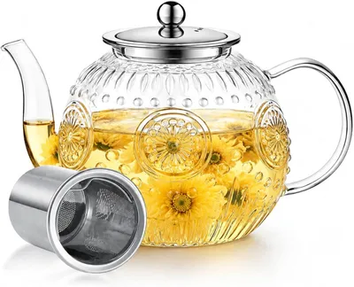Imagen del producto de Tetera de vidrio de borosilicato, 1,5 litros, con tapa de acero inoxidable e infusor integrado, ideal para bebidas calientes y frías