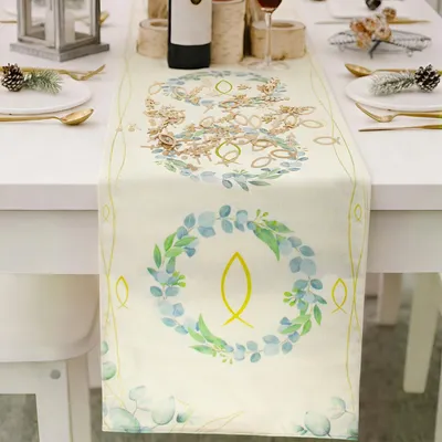 Produktbild von Tischläufer - Leinenoptik mit Eukalyptus-Motiv - Tischdekoration - 18m x 40cm - Grün