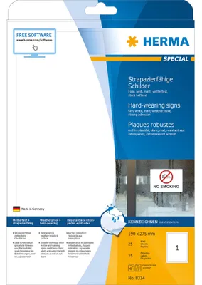 Obrázek produktu pro HERMA 8334, Bílá, Samolepicí štítek, A4, Polyester, Laser, Permanentní