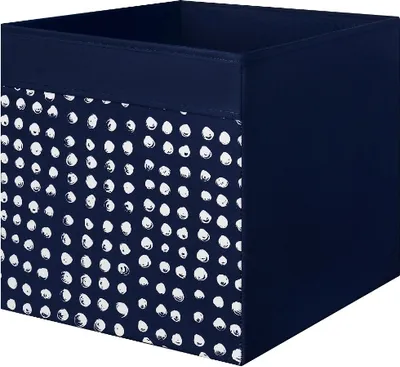 A dark blue storage cube with a white polka dot pattern on one side and a solid dark blue on the other three sides. The top is open.